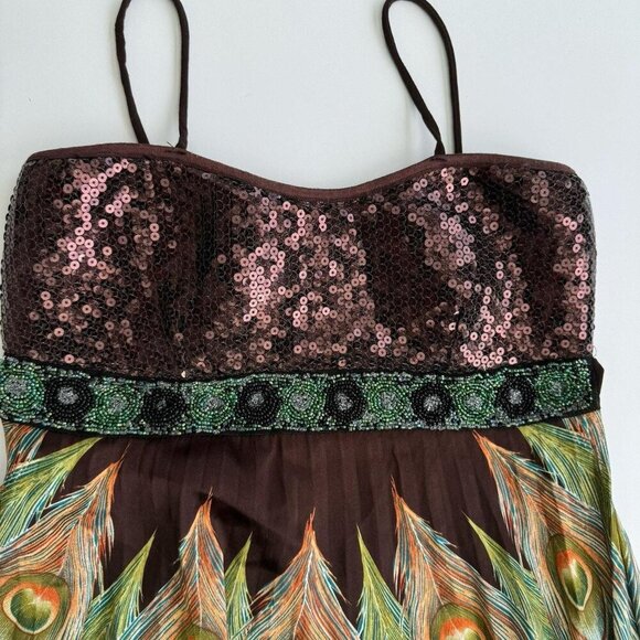Boho Babydoll Festival Dress peacock feather pattern built-in bra sequins Small - Picture 3 of 8